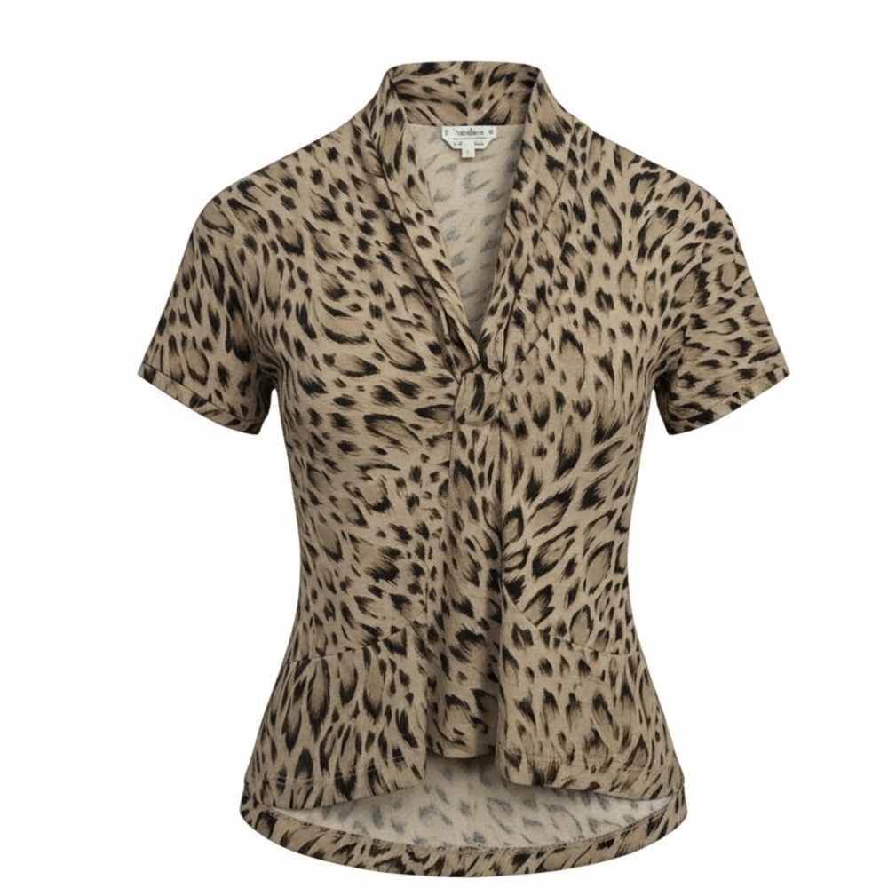 MaxMara Leopard Print Short Sleeve Tie-Neck Top - Beige & Black Large